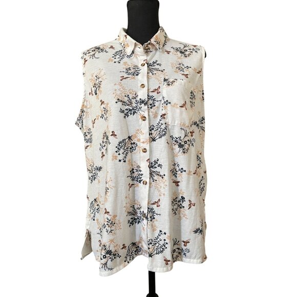 Eden & Olivia sleeveless button front bird print collared top 2X tunic - Picture 1 of 6